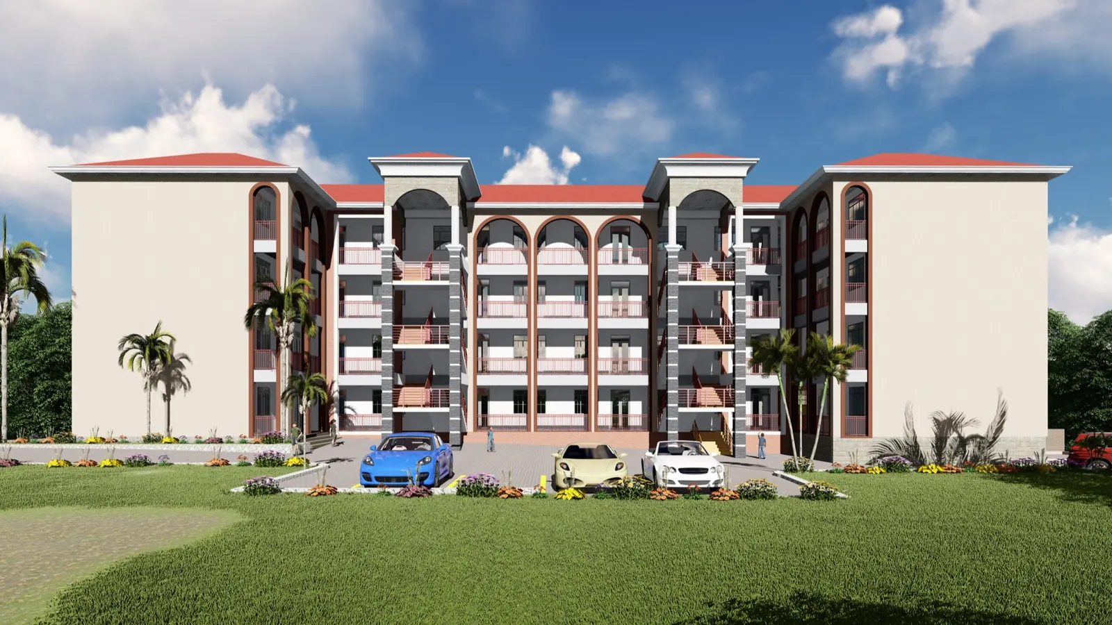 3D design of a four-storey apartment block with parking in Uganda