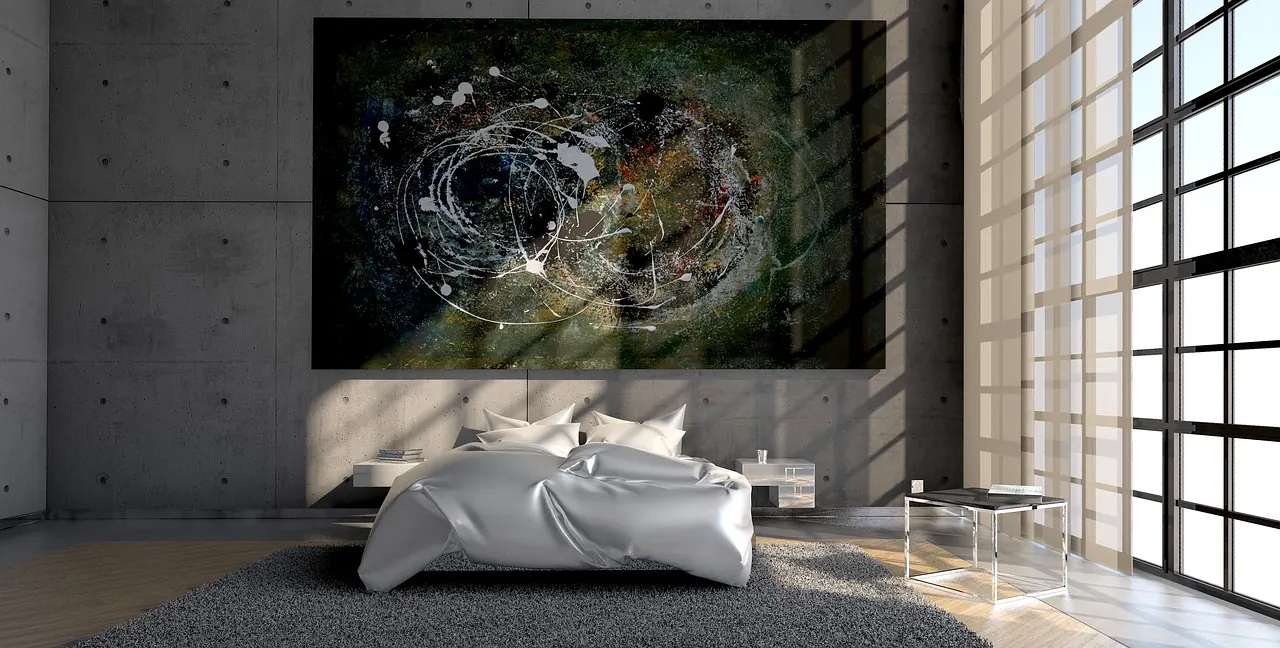 3D interior visualisation of a modern bedroom with large windows