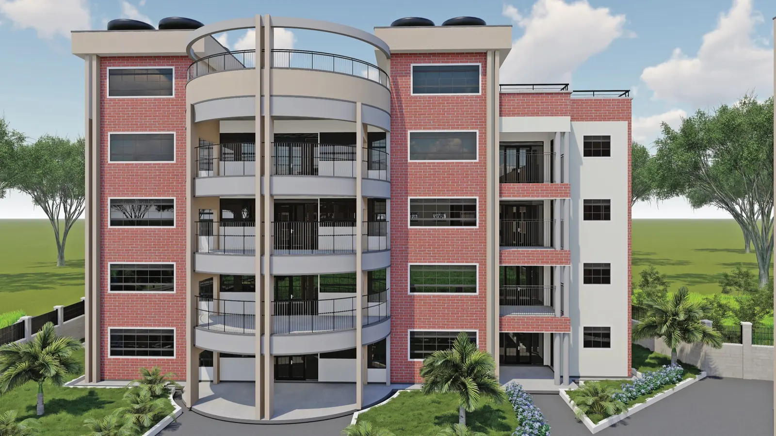 3D design of an apartment building with a curved stair tower
