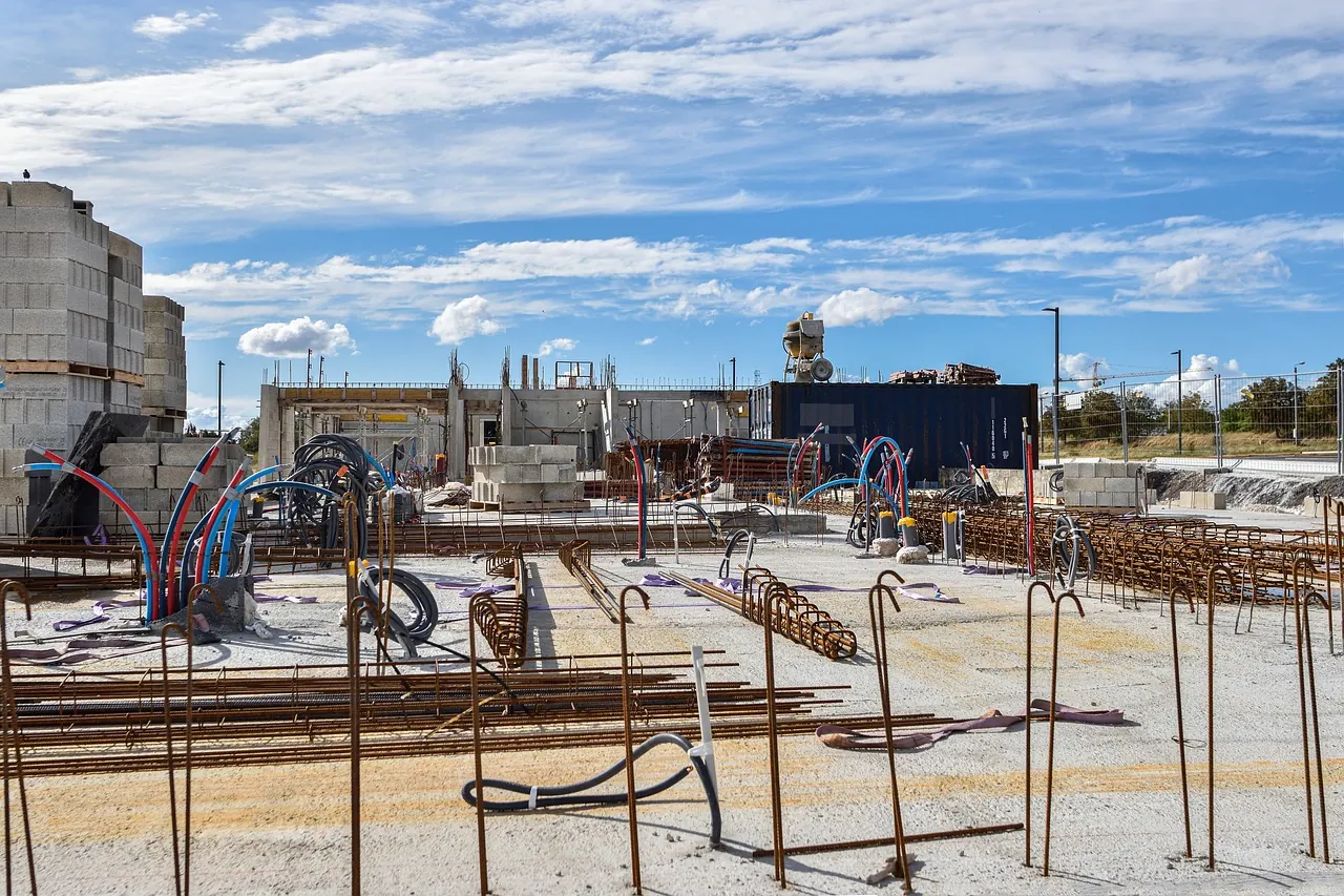Foundation reinforcement and concrete works on a construction site