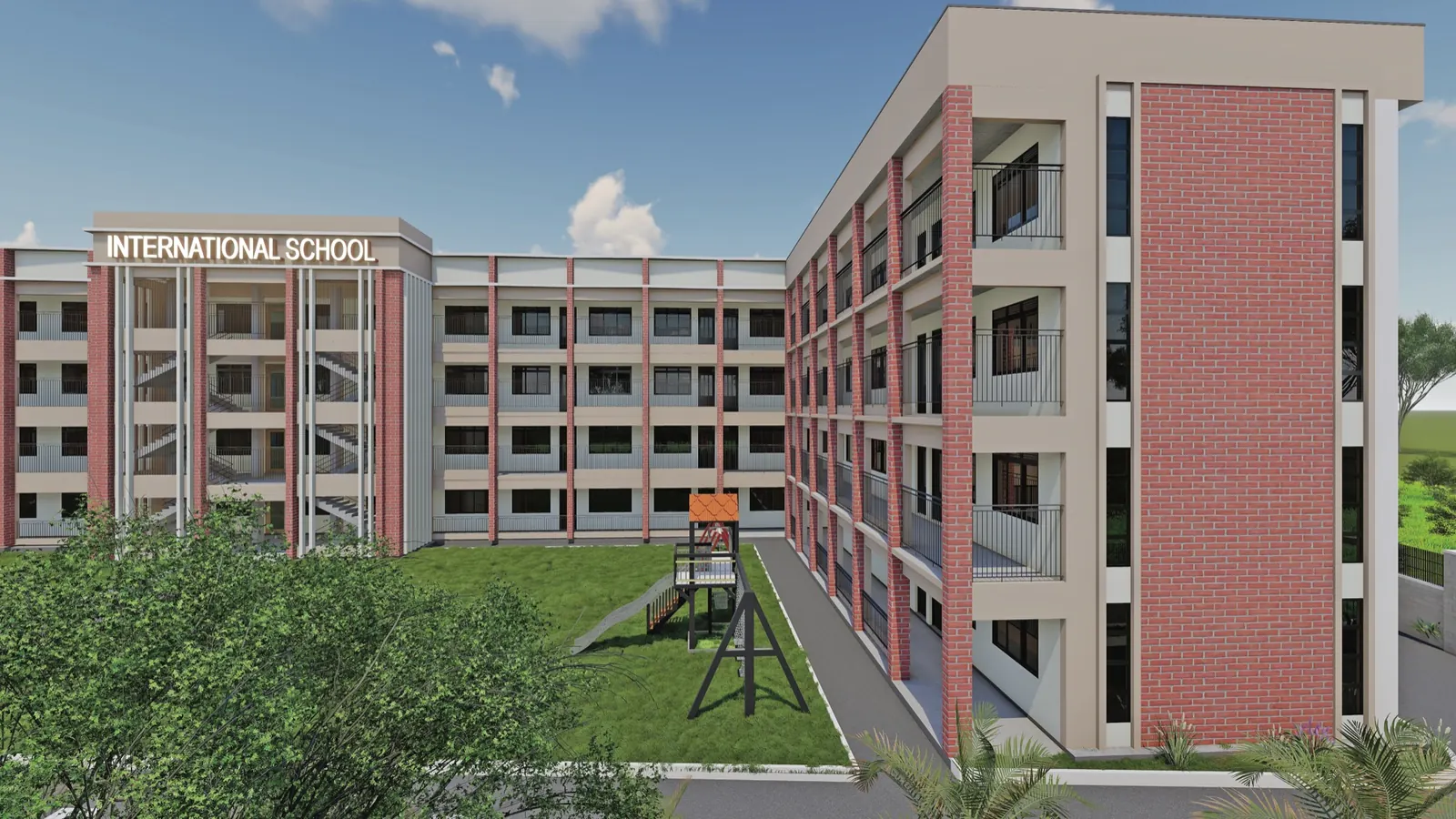 3D design of an international school campus with classroom blocks and playground