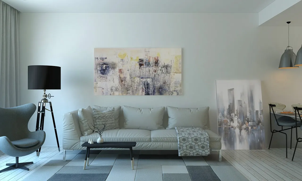 Modern living room interior design with sofa and artwork
