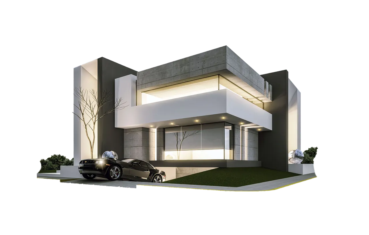 3D architectural render of a modern two-storey house