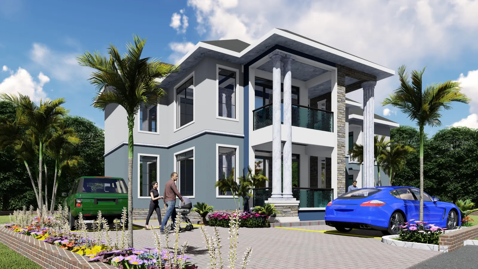 3D design of a modern two-storey residential house in Uganda