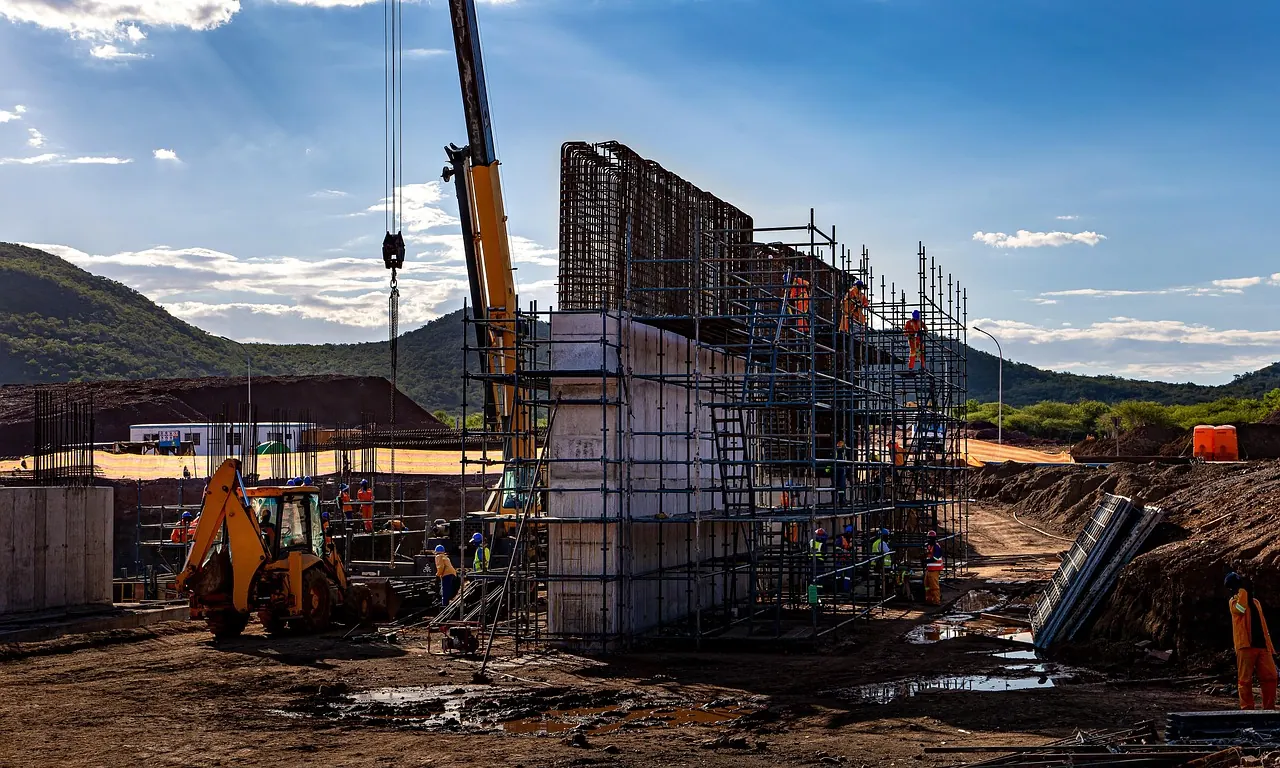 Steel reinforcement and structural works on an African construction site