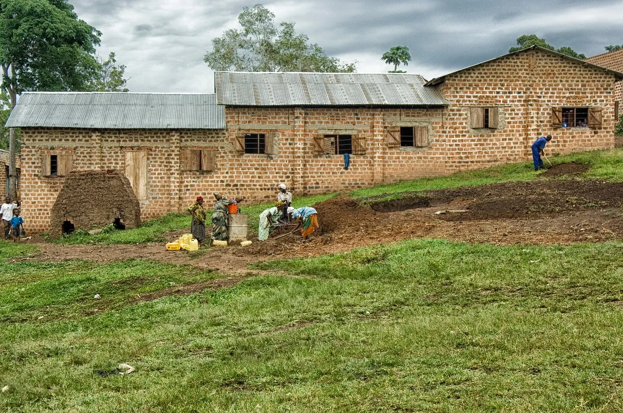 Burnt brick building with iron sheet roofs in rural Uganda